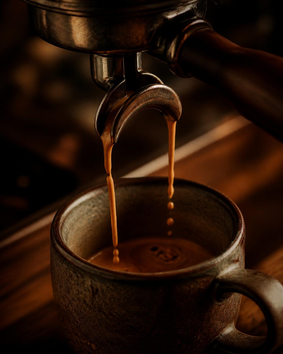 Espresso pouring into a ceramic cup
