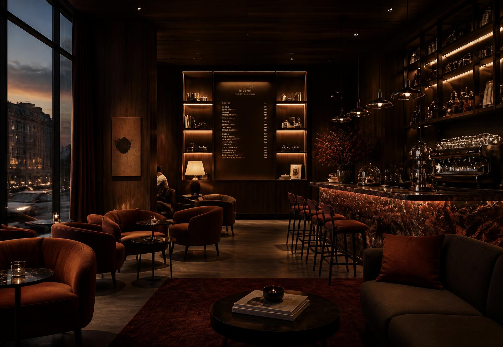 Interior of Rauf's Coffee & Lounge at dusk