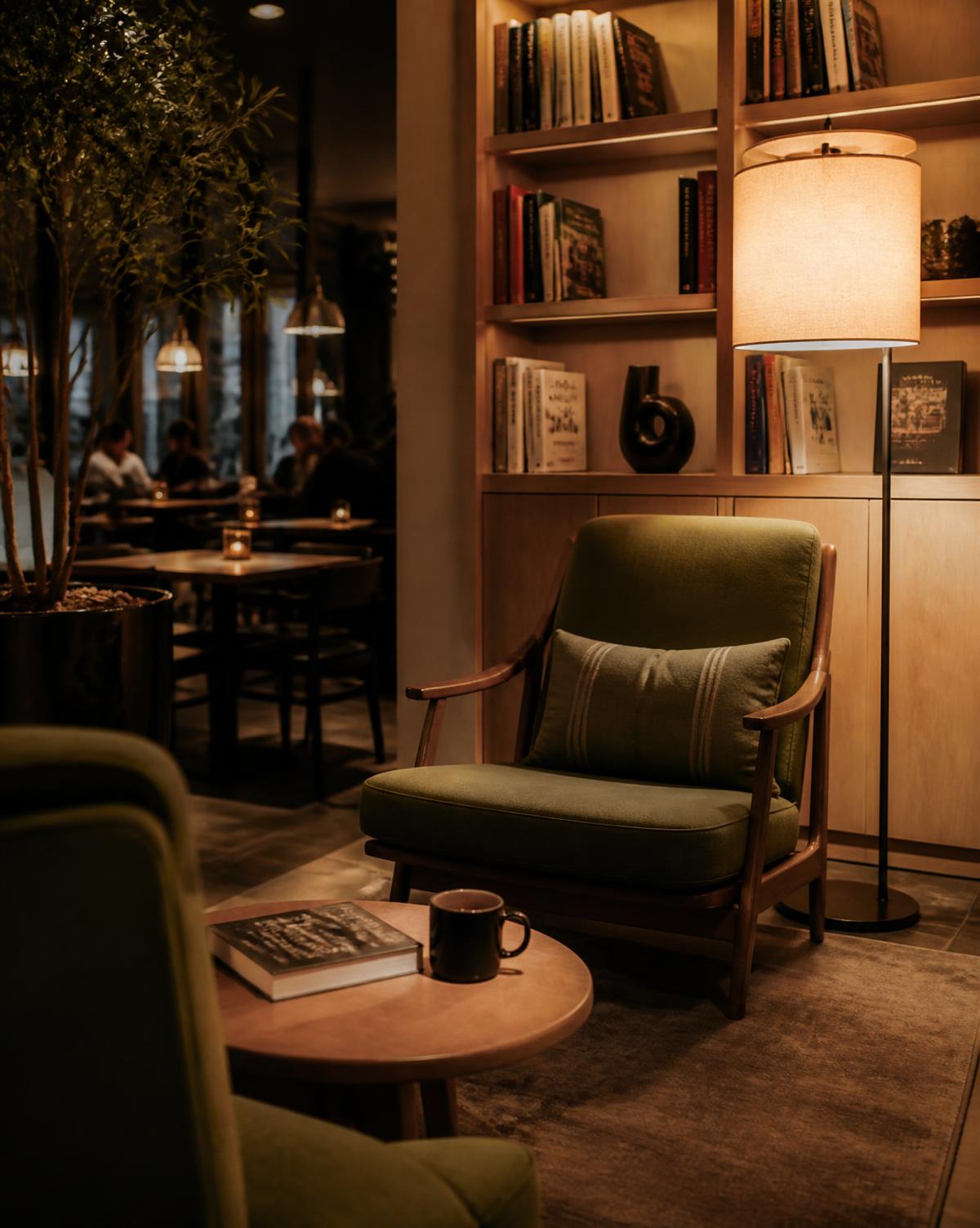 Quiet reading corner with warm lamp light